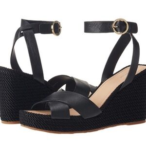 Via Spiga Black Cross-Strap Wedge Sandals